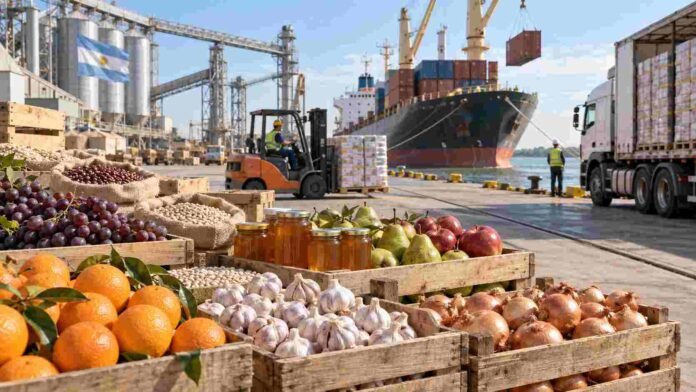 Productos de economías regionales argentinas preparados para exportación en una terminal portuaria, con frutas, miel, legumbres y hortalizas.