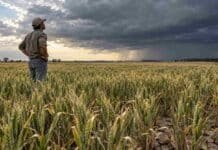 El Niño toca niveles excepcionales, pero las lluvias todavía no alcanzan: el trigo entra en una etapa clave Productor observa un cultivo de trigo con falta de humedad mientras avanzan nubes de tormenta sobre el campo argentino.