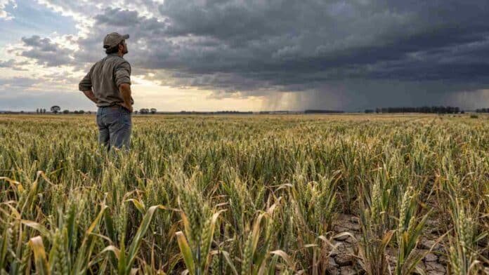 el-nino-trigo-falta-lluvias-argentina Productor observa un cultivo de trigo con falta de humedad mientras avanzan nubes de tormenta sobre el campo argentino.