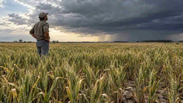 el-nino-trigo-falta-lluvias-argentina Productor observa un cultivo de trigo con falta de humedad mientras avanzan nubes de tormenta sobre el campo argentino.