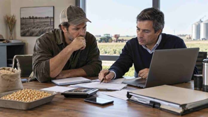 Productor agropecuario y asesor analizan documentación, costos e inversiones para planificar el impacto del Impuesto a las Ganancias antes del cierre del ejercicio.