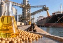 Récord para el aceite de soja argentino y nuevas oportunidades para maíz y trigo Soja, maíz y trigo junto a una terminal agroexportadora argentina, en una imagen que representa el récord de exportaciones de aceite de soja y el avance de los embarques de granos.