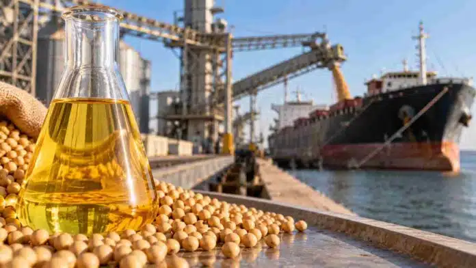 exportaciones-aceite-soja-maiz-trigo-argentina-ruralnet Soja, maíz y trigo junto a una terminal agroexportadora argentina, en una imagen que representa el récord de exportaciones de aceite de soja y el avance de los embarques de granos.