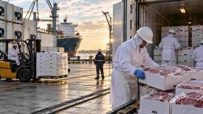 Operarios cargan carne vacuna refrigerada para exportación en un puerto, en una escena vinculada al crecimiento de los envíos argentinos y la menor oferta del Mercosur.