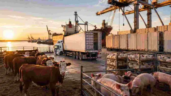 exportaciones-proteinas-animales-argentina-record Ganado bovino, porcinos y aves junto a contenedores y un buque de carga, en una escena vinculada a las exportaciones argentinas de proteínas animales.