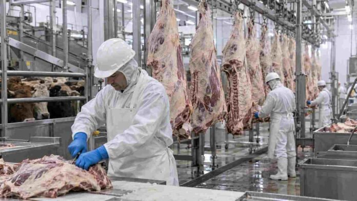 faena-vacuna-frigorifico-argentina Operarios trabajan en una planta frigorífica durante el procesamiento de medias reses bovinas en una línea de faena vacuna.