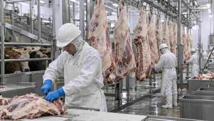 faena-vacuna-frigorifico-argentina Operarios trabajan en una planta frigorífica durante el procesamiento de medias reses bovinas en una línea de faena vacuna.