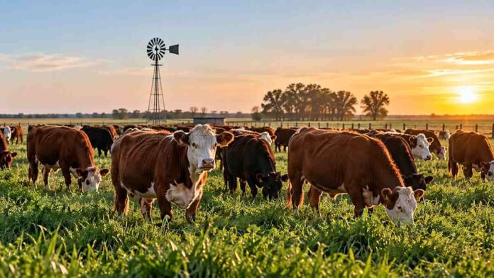 ganaderia-cuenca-salado-productividad-emisiones Rodeo bovino pastando en la Cuenca del Salado, en una imagen que representa estrategias de manejo para aumentar la productividad y reducir la huella de carbono.