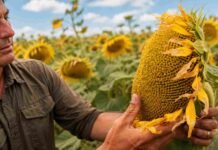 El girasol gana competitividad en lotes donde la soja rinde menos de 32 qq/ha Productor analiza un capítulo de girasol maduro en un lote, cultivo que gana competitividad frente a la soja en ambientes de bajo rendimiento.