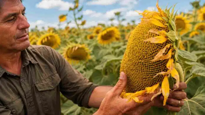 girasol-oportunidad-soja-bajo-rinde Productor analiza un capítulo de girasol maduro en un lote, cultivo que gana competitividad frente a la soja en ambientes de bajo rendimiento.