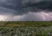 Granizo y lluvias de hasta 50 mm llegan al sudeste bonaerense Tormenta con granizo, lluvias intensas y actividad eléctrica sobre un campo del sudeste bonaerense.