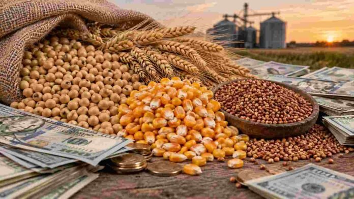 Granos de soja, maíz, trigo y sorgo rodeados de dólares, en una imagen que representa el valor de los commodities y el mercado agrícola.