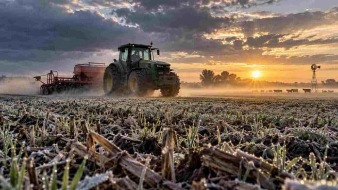 Tractor trabajando sobre un lote con heladas al amanecer, en medio de un marcado cambio térmico en la región productiva argentina.