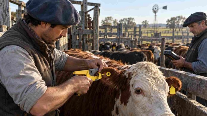 identificacion-electronica-bovina-trazabilidad-ganadera-compressed Operario coloca una caravana electrónica a un bovino mientras otro trabajador verifica la identificación con un lector, como parte del sistema de trazabilidad ganadera.