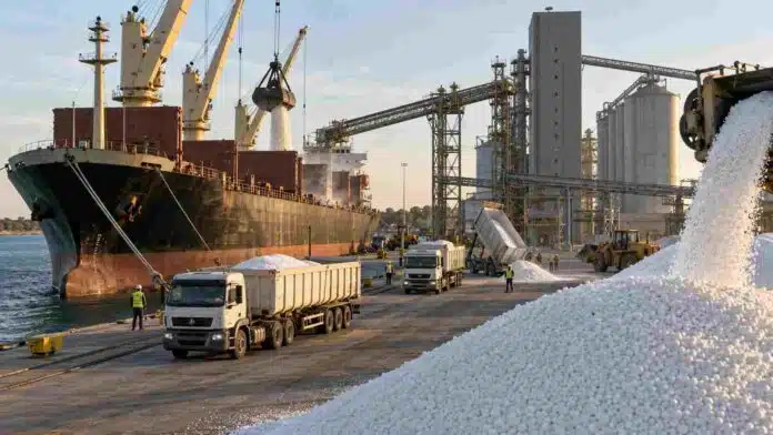 Descarga de urea importada en una terminal portuaria argentina, con buque granelero, camiones y fertilizante destinado a la campaña de maíz 2026/27.