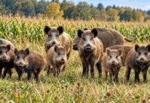 Nueva Ley de Carnes: Río Negro amplía la faena artesanal y regula la fauna silvestre Manada de jabalíes en una pastura natural con un cultivo de maíz al fondo
