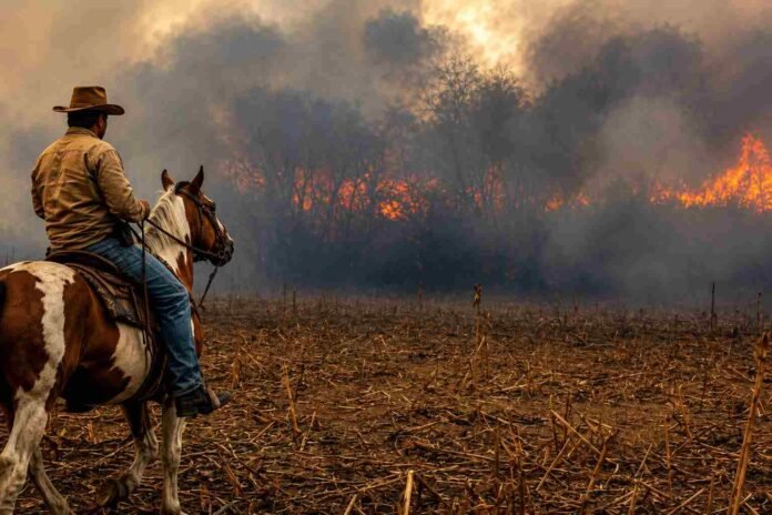 jinete-caballo-pinto-incendio-rural-ruralnet Jinete sobre un caballo pinto observa un incendio rural entre humo denso y rastrojo seco en el campo.