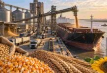 Maíz, trigo, soja y girasol: el saldo exportable que garantiza estabilidad cambiaria hacia fin de año Terminal portuaria de granos con silos, camiones y un buque cargando soja, maíz, trigo y girasol, en una imagen representativa de las exportaciones del agro argentino.