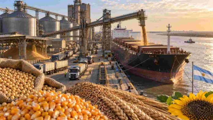 liquidacion-agro-exportaciones-agosto-2026 Terminal portuaria de granos con silos, camiones y un buque cargando soja, maíz, trigo y girasol, en una imagen representativa de las exportaciones del agro argentino.