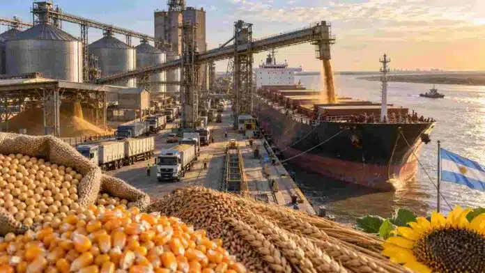 Terminal portuaria de granos con silos, camiones y un buque cargando soja, maíz, trigo y girasol, en una imagen representativa de las exportaciones del agro argentino.