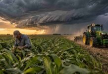 Pronóstico para sábado, domingo y lunes: las lluvias se reorganizan y el lunes alcanzan gran parte del centro y norte Productor rural en un lote agrícola mientras un tractor trabaja bajo un cielo de tormenta con relámpago, en una escena de actividad agropecuaria