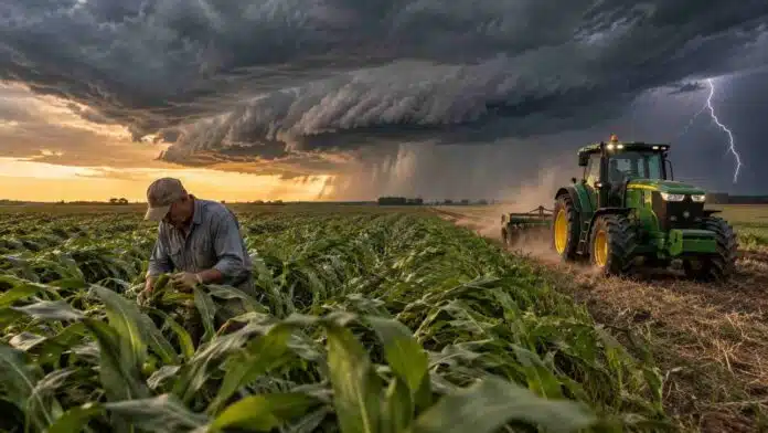 lluvias-campo-tormenta-centro-norte-septiembre-2026 Productor rural en un lote agrícola mientras un tractor trabaja bajo un cielo de tormenta con relámpago, en una escena de actividad agropecuaria