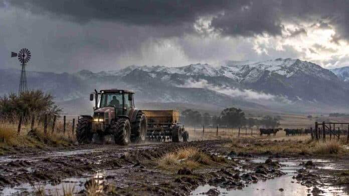 Tractor realizando una tarea rural sobre un camino embarrado, con lluvia y cielo inestable en una zona de campo bajo alerta meteorológica.