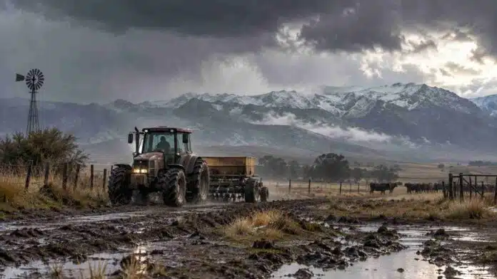 lluvias-nevadas-actividad-rural-alerta-cinco-provincias Tractor realizando una tarea rural sobre un camino embarrado, con lluvia y cielo inestable en una zona de campo bajo alerta meteorológica.