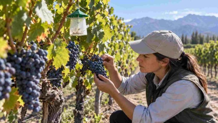 lobesia-botrana-control-vinedo-uvas Técnica inspecciona racimos de uva en un viñedo junto a una trampa de monitoreo para el control de Lobesia botrana.
