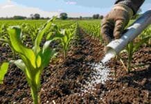 Una tecnología reduce a menos de la mitad las pérdidas de nitrógeno en maíz. Aplicación de urea en un lote de maíz para mejorar la eficiencia de la fertilización nitrogenada y reducir pérdidas de nitrógeno.