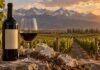 Un malbec de Gualtallary rompió cinco años de dominio francés y se consagró mejor tinto del mundo Botella y copa de vino Malbec frente a un viñedo mendocino al atardecer, con suelos calcáreos y la Cordillera de los Andes de fondo.