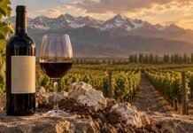Un malbec de Gualtallary rompió cinco años de dominio francés y se consagró mejor tinto del mundo Botella y copa de vino Malbec frente a un viñedo mendocino al atardecer, con suelos calcáreos y la Cordillera de los Andes de fondo.