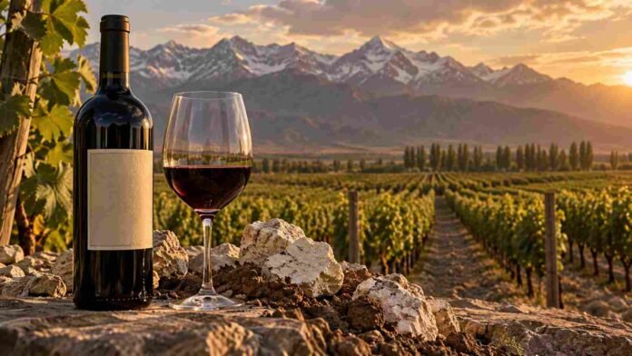 malbec-argentino-premiado-vinedo-mendoza-ruralnet Botella y copa de vino Malbec frente a un viñedo mendocino al atardecer, con suelos calcáreos y la Cordillera de los Andes de fondo.