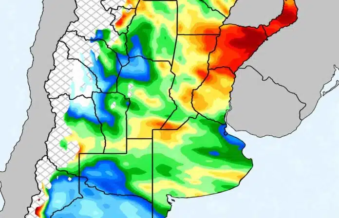 mapa-pronostico-precipitaciones-argentina Mapa de pronóstico de precipitaciones en Argentina con acumulados representados por colores y diferencias marcadas entre regiones.
