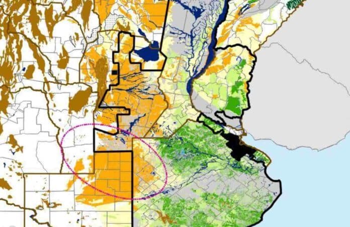 mapa-reservas-hidricas-region-pampeana-27-septiembre-2026 Detalle del mapa de reservas hídricas de la ORA, con menor disponibilidad de agua en Córdoba y el norte de La Pampa y mayor humedad en el norte bonaerense y el este entrerriano.