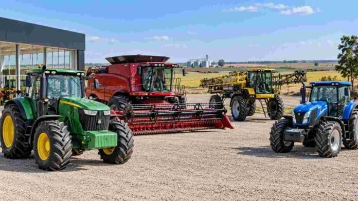 Tractores, cosechadora y pulverizadora exhibidos en un concesionario de maquinaria agrícola, en una imagen representativa del mercado de ventas del sector.