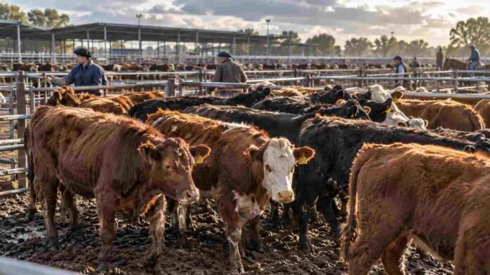 Hacienda en corrales del Mercado Agroganadero, con bovinos en primer plano y operarios trabajando al fondo durante una jornada de comercialización.