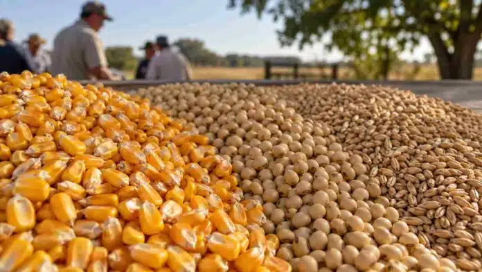 Granos de maíz, soja y trigo en primer plano durante una jornada comercial del mercado físico de Rosario.