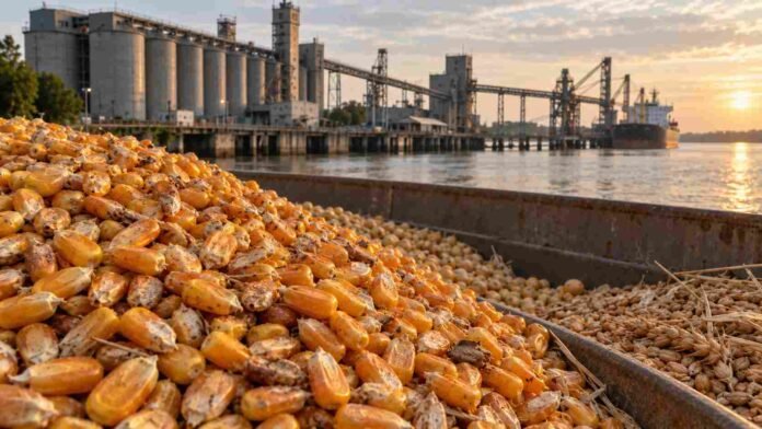 Montículo de maíz en primer plano en una terminal portuaria de granos de Rosario, con soja y trigo al costado, silos y buque de carga al fondo al atardecer.