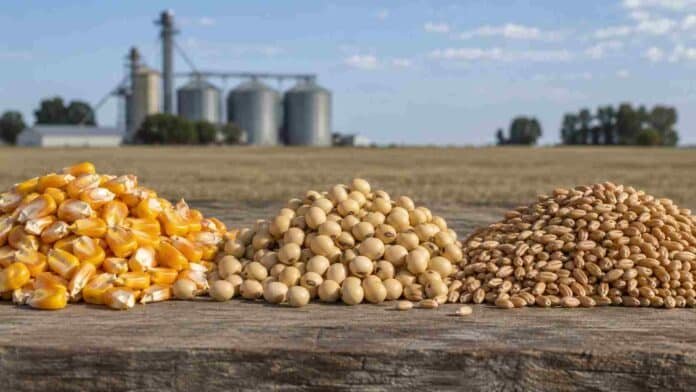 Granos de maíz, soja y trigo separados en primer plano, con silos de almacenamiento al fondo, en una imagen representativa del mercado de granos.