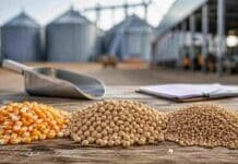 Granos: el maíz sostiene el disponible y la soja suma ofertas por la nueva cosecha Granos de maíz, soja y trigo frente a instalaciones de acopio, en una imagen representativa del mercado de granos de Rosario.