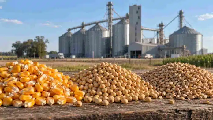 Granos de maíz, soja y trigo frente a silos de acopio, en una imagen representativa del mercado de granos en Argentina.
