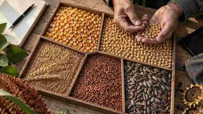 mercado-granos-maiz-soja-trigo-sorgo-girasol-ruralnet Maíz, soja, trigo, sorgo y girasol separados en compartimentos mientras un productor inspecciona los granos, en una imagen ilustrativa del mercado agrícola.