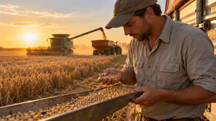 mercado-granos-rosario-soja-maiz-cosecha Productor revisa granos durante la cosecha mientras una cosechadora descarga en una tolva, en una escena vinculada al mercado de granos de Rosario.