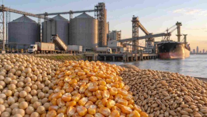 mercado-granos-rosario-soja-maiz-trigo Soja, maíz y trigo junto a una terminal portuaria de granos en Rosario, en una jornada de comercialización del mercado agrícola.