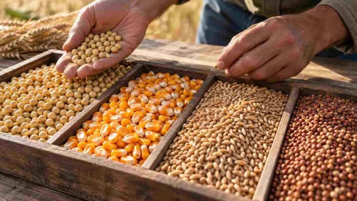mercado-granos-soja-maiz-trigo-rosario Soja, maíz y trigo separados en compartimentos durante una revisión de granos vinculada al mercado agrícola de Rosario.