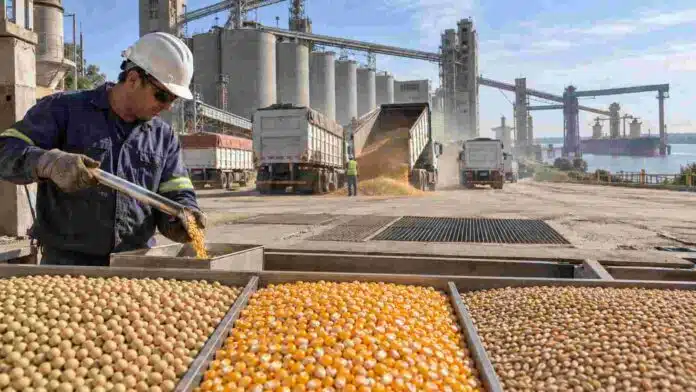 mercado-granos-soja-maiz-trigo-rosario Soja, maíz y trigo separados en compartimentos durante una jornada de control y comercialización en una terminal portuaria de granos.