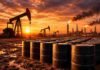 El petróleo vuelve al centro de la escena en los mercados Bombas extractoras de petróleo, barriles y una refinería al atardecer, en una imagen representativa de la producción y procesamiento de crudo.