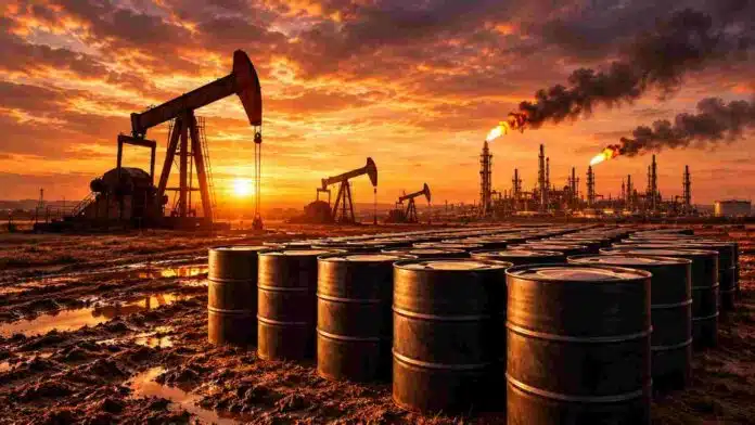 Bombas extractoras de petróleo, barriles y una refinería al atardecer, en una imagen representativa de la producción y procesamiento de crudo.