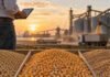 Soja, maíz y trigo mejoran precios: cómo asegurar márgenes sin apostar al máximo Soja, maíz y trigo en compartimentos separados frente a una terminal cerealera, mientras un productor analiza información comercial al atardecer.